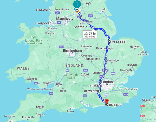 Leeds to Brighton route