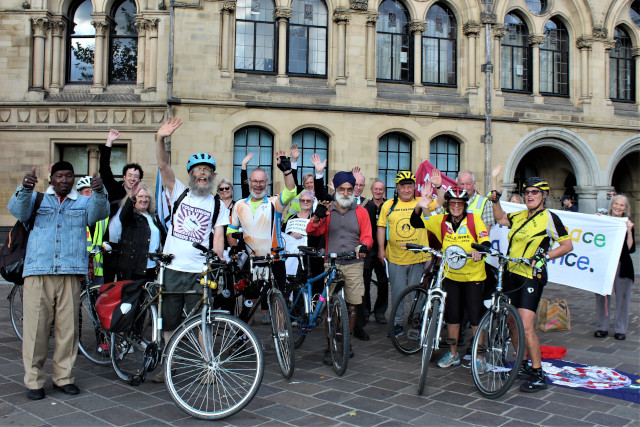 Cyclists and supporters outside Bradford Town Hall - 2